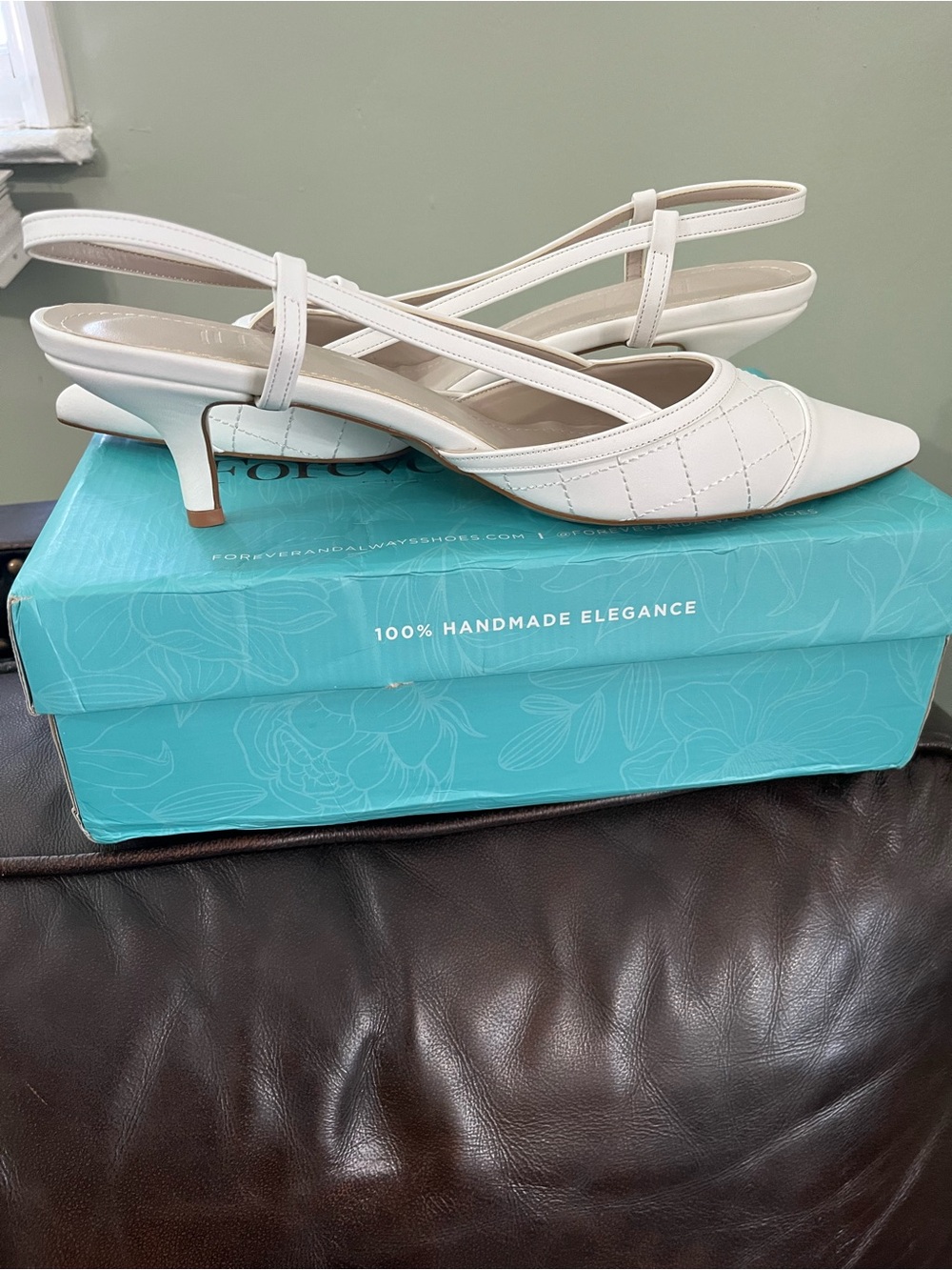 White Quilted Slingback Kitten Heel Pumps